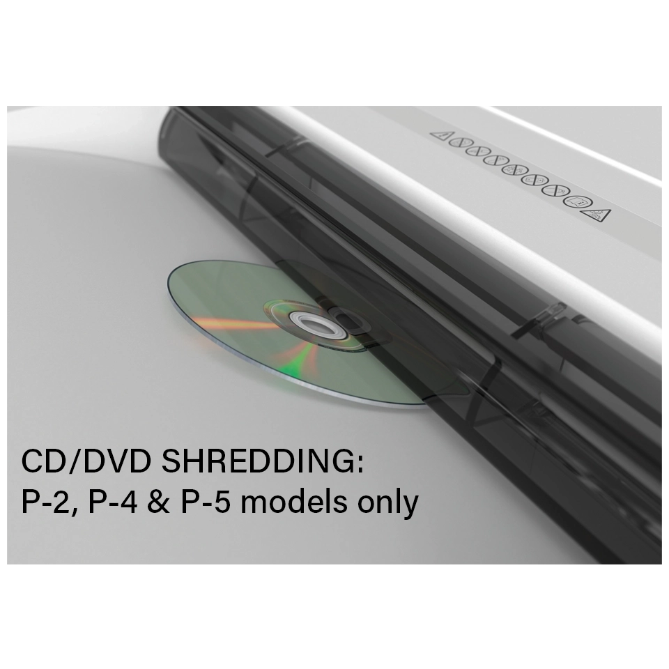 Picture of a DESTROYIT shredding shredding a CD/DVD with the caption -CD/DVD shredding: P-2 P4 and P5 models only
