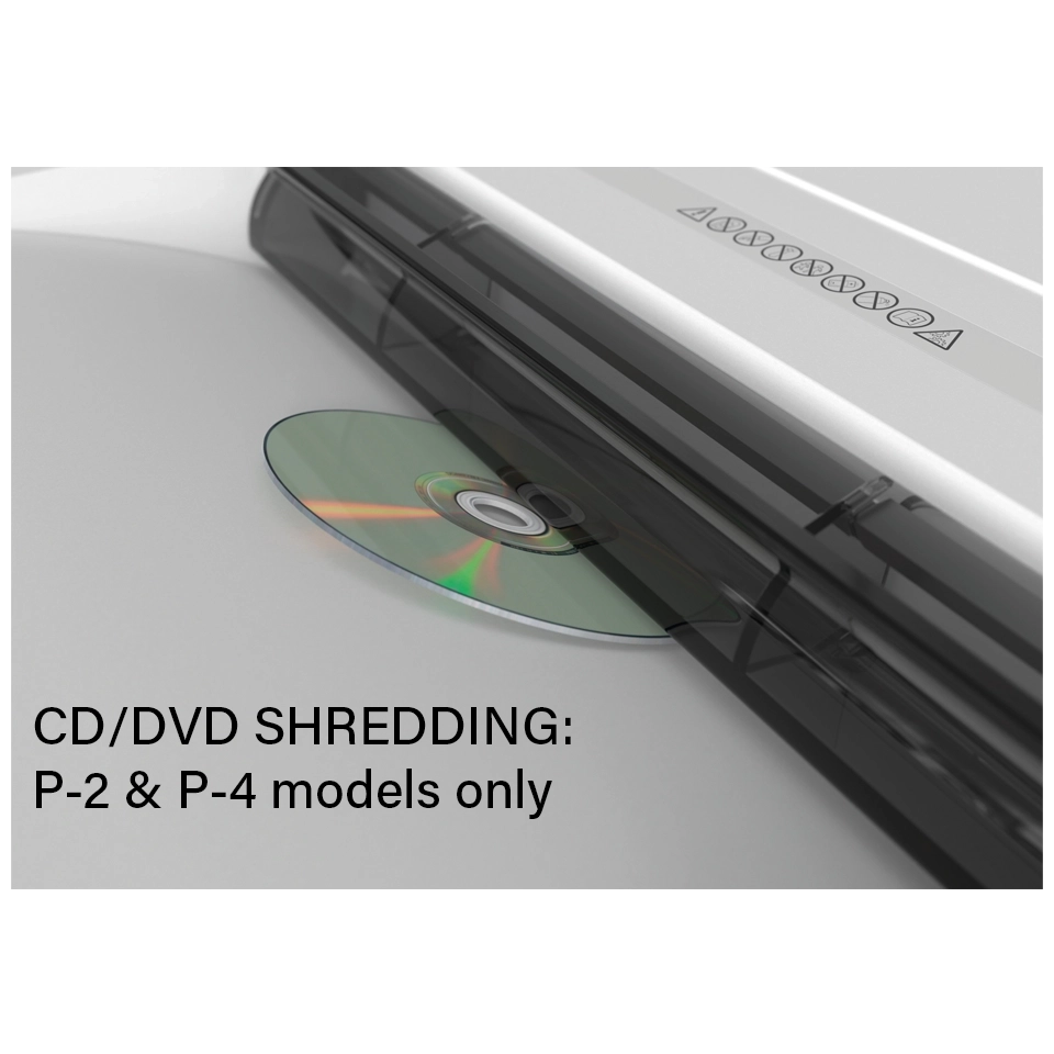 Picture of a DESTROYIT shredding shredding a CD/DVD with the caption -CD/DVD shredding: P-2 and P4 models only